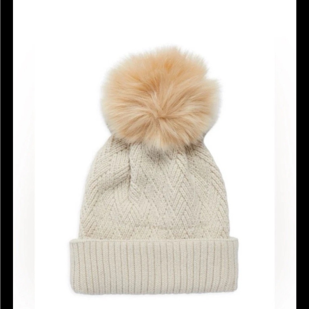 KYI KYI Merino Wool Blend Faux Fur Pom Pom Beanie Hat Beige - Pristine